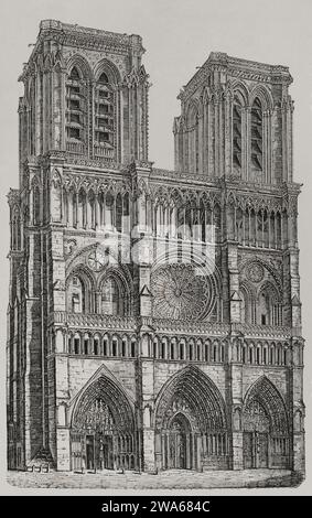 Paris, France. Notre-Dame. Vue de la façade principale avant la restauration commandée à Jean-Baptiste-Antoine Lassus et Eugène Viollet-le-Duc en 1845. Gravure. 'Les Arts au Moyen Age et a l'époque de la Renaissance', de Paul Lacroix. Paris, 1877. Banque D'Images