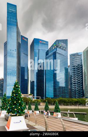 Arbres de Noël dans la Marina Bay et le quartier financier du centre-ville de Singapour Banque D'Images