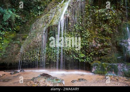 Petite cascade dans la vallée. Entouré de mousse, fougères et autres plantes vertes. Les trois ponts naturels sont une série de ponts calcaires naturels, Banque D'Images