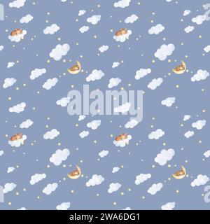 Aquarelle Sleeping Animals nursery Seamless Pattern. Imprimés animaux pour bébés. Fond bleu ciel nocturne enfants Banque D'Images