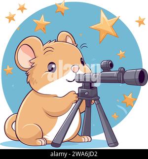 Hamster regardant le ciel à l'aide du télescope Vector Art Illustration de Vecteur