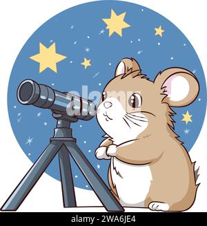 Hamster regardant le ciel à l'aide du télescope Vector Art Illustration de Vecteur