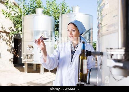 Spécialiste en manteau blanc examine le verre de vin sur le fond de fûts pour la fermentation Banque D'Images