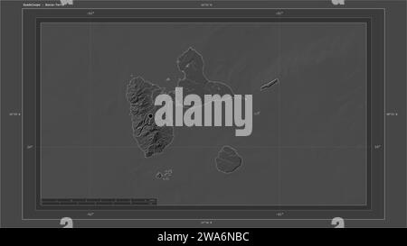 Guadeloupe mise en évidence sur une carte d'altitude à deux niveaux avec la carte des lacs et rivières avec le point de la capitale du pays, grille cartographique, échelle de distance et ma Banque D'Images