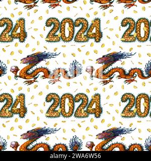 Modèle sans couture aquarelle avec symbole lunaire du nouvel an - dragon en bois vert avec perle magique et numéros 2024 avec texture à l'échelle du dragon. Illustration Banque D'Images