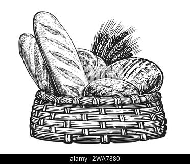 Illustration de croquis de pains et d'épis de blé. Produits de boulangerie frais dans le panier, vintage Illustration de Vecteur