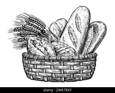 Panier rempli de produits de boulangerie. Pain et pâtisserie, illustration de croquis vintage Illustration de Vecteur