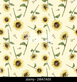 Modèle sans couture avec tournesols et clé peinte à la main dans un style vintage. Composition de fleurs jaunes. Peint à la main isolé sur fond blanc. Floral Banque D'Images