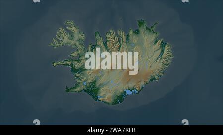 Islande mise en évidence sur une carte d'altitude en couleur avec des lacs et des rivières Banque D'Images