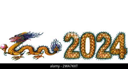 Bordure aquarelle avec dragon en bois vert avec perle magique et numéros 2024 dessiné à la main avec texture à l'échelle du dragon. Illustration du symbole du nouvel an lunaire Banque D'Images