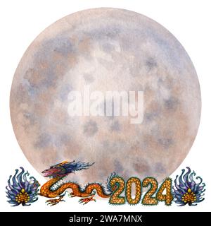 Bordure aquarelle avec dragon en bois vert avec perle magique et numéros 2024 dessiné à la main avec texture à l'échelle du dragon. Illustration du symbole du nouvel an lunaire Banque D'Images