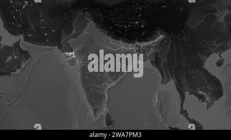 Inde mise en évidence sur une carte d'altitude en niveaux de gris avec des lacs et des rivières Banque D'Images