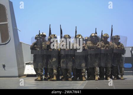 Forces militaires AMÉRICAINES. 160712KK554-017 MER MÉDITERRANÉE (12 juillet 2016) les Marines avec batterie de golf, équipe de débarquement du bataillon, 1e bataillon, 6e régiment de Marines, 22e unité expéditionnaire des Marines (MEU) pratiquent des formations anti-émeutes sur le front du navire de transport amphibie USS San Antonio (LPD-17) le 12 juillet 2016. La 22e MEU, déployée avec le Wasp Amphibious Ready Group, mène des opérations navales dans la zone d’opérations de la 6e flotte américaine à l’appui des intérêts de sécurité nationale des États-Unis en Europe. (Photo du corps des Marines des États-Unis par le sergent Ryan Young) Banque D'Images