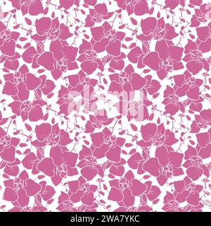 motif sans couture de grandes silhouettes violettes d'orchidées sur un fond blanc, texture, design Banque D'Images