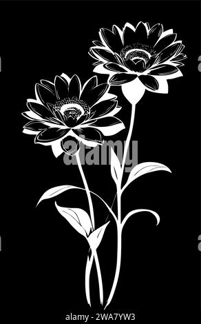 dessin linéaire graphique blanc d'une branche de fleurs sur fond noir, design Banque D'Images