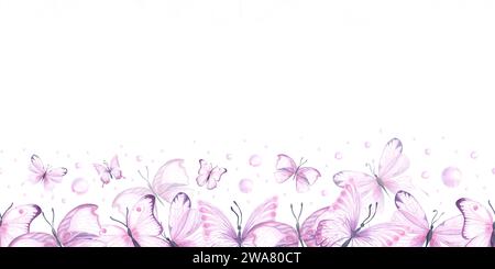 Bordure sans couture avec des papillons abstraits en couleurs rose, lilas et violette, aquarelle. bannière horizontale. dessiné à la main isolé sur blanc. Pour impression, fa Banque D'Images