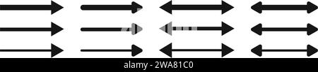 Ensemble d'icônes de flèche et de double flèche. Regardez ici les symboles. Pointeur horizontal noir, direction, position, emplacement, inversion ou largeur signes isolés sur fond blanc. Illustration graphique vectorielle Illustration de Vecteur