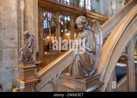 Sculptures intérieures en bois de la cathédrale de Dunblane, Dunblane, Écosse, Royaume-Uni Banque D'Images