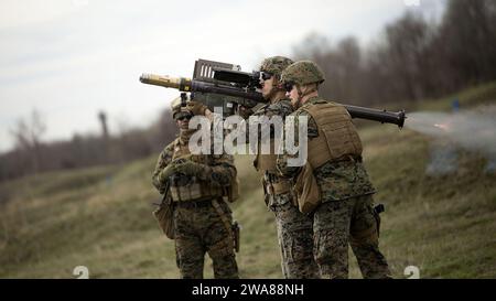 Forces militaires AMÉRICAINES. 170320IN448-147 Capu MIDIA, ROUMANIE (20 mars 2017)— des Marines américains avec un peloton de défense aérienne à basse altitude, 24th Marine Expeditionary Unit (MEU), tirent un missile Stinger dans le cadre d'une démonstration de capacités sur le terrain d'entraînement de Capu Midia, Roumanie le 20 mars pendant l'exercice Spring Storm 2017. La 24e MEU a participé à l'exercice bilatéral de formation maritime dirigé par la Roumanie. La 24e Marine Expeditionary Unit est actuellement déployée avec le Bataan Amphibious Ready Group à l'appui des opérations de sécurité maritime et des efforts de coopération de la 6e flotte américaine Banque D'Images