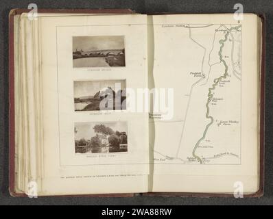 Carte avec trois images de lieux le long de la Tamise, en ou après 1878 - en ou avant 1879 impression photomécanique. Imprimer à gauche : vue sur le pont à péage de Swinford et sur la barrière d'eau Skinners, à droite : vue sur le lieu d'atterrissage du ferry à Bablock Hythe. Rivière de gravure sur papier Oxfordshire. pont. Écluse, barrage Bablock Hythe. Pont à péage Swinford Banque D'Images