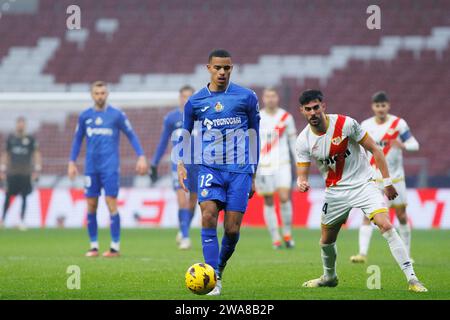 Madrid, Espagne. 02 janvier 2024. Mason Greenwood de Getafe vu en action lors du match de la Liga 2023/24 entre Getafe et Rayo Vallecano au Civitas Metropolitano Stadium. Score final ; Getafe 0 : 2 Rayo Vallecano. Crédit : SOPA Images Limited/Alamy Live News Banque D'Images