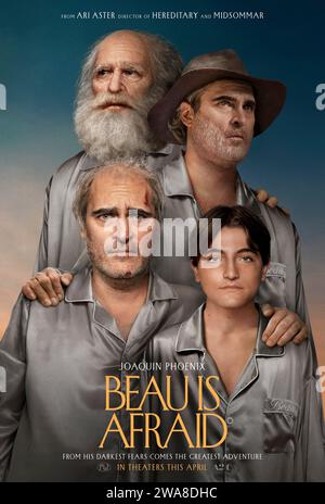 Beau is Afraid (2023) réalisé par Ari Aster et mettant en vedette Joaquin Phoenix, Patti LuPone et Amy Ryan. Après la mort subite de sa mère, un homme à la virilité légère mais anxieux affronte ses peurs les plus sombres alors qu'il se lance dans une épopée, odyssée kafkaïenne de retour chez lui. Affiche US une feuille ***USAGE ÉDITORIAL SEULEMENT***. Crédit : BFA / A24 Banque D'Images