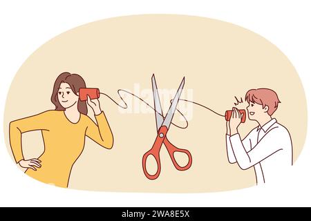 Homme et femme avec des tasses main appareil d'audition souffrent de mauvaise communication. Fil de raccordement coupé en ciseaux parlant couple. Illustration vectorielle. Illustration de Vecteur