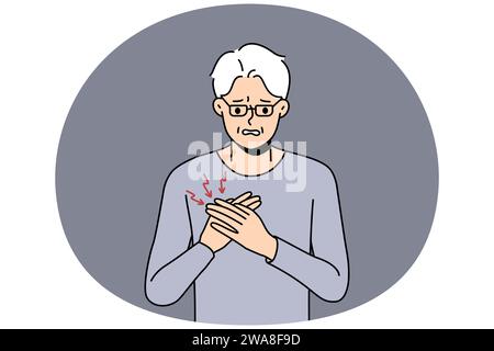 Un grand-père mûr malsain souffre de problèmes cardiaques. Un vieil homme malade atteint d'un mal de santé se débat sur la poitrine avec un arrêt cardiaque. Soins de santé aux personnes âgées. Illustration vectorielle. Illustration de Vecteur