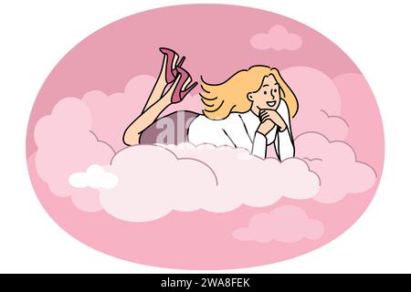 Une jeune femme souriante, couchée sur un nuage, rêvant ou visualisant. Bonne femme dans l'air rêvant ou imaginant l'avenir. Mode de vie rêveur. Illustration vectorielle. Illustration de Vecteur