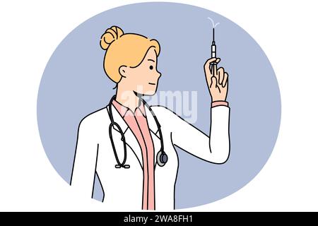 Une jeune infirmière féminine en uniforme médical tient la seringue dans les mains. Femme médecin ou GP prêt à faire l'injection. Médecine et santé, concept de vaccination. Illustration vectorielle. Illustration de Vecteur