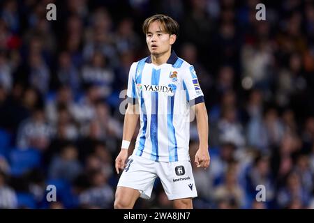 San Sebastian, Espagne. 02 janvier 2024. Takefusa Kubo de Real Sociedad est présent lors du match de LaLiga EA Sports entre Real Sociedad et Deportivo Alaves au Reale Arena le 2 janvier 2024, à San Sebastian, en Espagne. Crédit : AFLO Co. Ltd./Alamy Live News Banque D'Images