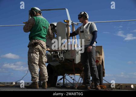 Forces militaires AMÉRICAINES. 171002CK339-062 MER MÉDITERRANÉE (2 octobre 2017) – les Marines affectés à l’unité de surveillance aérienne sans pilote de la 15e unité expéditionnaire des Marines (MEU) effectuent une inspection opérationnelle du Blackjack RQ-21a à bord du quai de transport amphibie de classe San Antonio USS San Diego (LPD 22), octobre 2,2017. Le Blackjack RQ-21a effectue des vols d'entraînement pour maintenir la maîtrise de la préparation pour les missions possibles. San Diego est déployé avec l'America Amphibious Ready Group et le 15th MEU pour soutenir les opérations de sécurité maritime et les efforts de coopération en matière de sécurité du théâtre aux États-Unis Banque D'Images