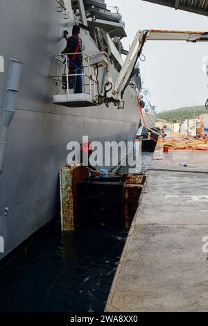 Forces militaires AMÉRICAINES. 171113QR145-007 ACTIVITÉ DE SOUTIEN NAVAL SOUDA BAY, Grèce (13 novembre 2017) des marins nettoient la coque du destroyer de missiles guidés de classe Arleigh Burke USS porter (DDG 78) à l'activité de soutien naval Souda Bay, Grèce, lors d'une visite portuaire prévue le 13 novembre 2017. Porter, déployé à l’avant à Rota, en Espagne, en est à sa quatrième patrouille dans la zone d’opérations de la 6e flotte américaine en soutien aux alliés et partenaires régionaux et aux intérêts de sécurité nationale des États-Unis en Europe. (Photo de l'US Navy par la spécialiste des communications de masse de 3e classe Krystina Coffey/ publiée) Banque D'Images