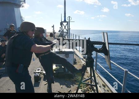 Forces militaires AMÉRICAINES. 171119GL340-136 MER MÉDITERRANÉE (19 novembre 2017) le capitaine d'armes en chef Mark Miller tire une mitrailleuse de calibre .50 à bord du navire de commandement et de contrôle de la classe Blue Ridge USS Mount Whitney (LCC 20) au cours d'un exercice de tir réel alors que le navire transite en mer Méditerranée, le 19 novembre 2017. Le mont Whitney, déployé à Gaeta, en Italie, opère avec un équipage combiné de marins de la marine américaine et de marins de la fonction publique du Military Sealift Command. (Photo de l'US Navy par Michael Feddersen, spécialiste des communications de masse de 2e classe/publié) Banque D'Images