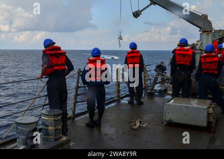 Forces militaires AMÉRICAINES. 171127QR145-010 MER MÉDITERRANÉE (27 novembre 2017) Un bateau pneumatique à coque rigide retourne au destroyer de missiles guidés de classe Arleigh Burke USS porter (DDG 78) au cours d'un exercice homme à la mer le 27 novembre 2017. Porter, déployé à l’avant à Rota, en Espagne, en est à sa quatrième patrouille dans la zone d’opérations de la 6e flotte américaine en soutien aux alliés et partenaires régionaux et aux intérêts de sécurité nationale des États-Unis en Europe. (Photo de l'US Navy par la spécialiste des communications de masse de 3e classe Krystina Coffey/ publiée) Banque D'Images