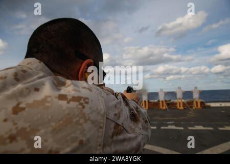 Forces militaires AMÉRICAINES. 171210CK339-105 MER MÉDITERRANÉE (10 décembre 2017) – le major Luke Balthazar, officier exécutif du bataillon de logistique de combat 15 de la 15e unité expéditionnaire des Marines (MEU), tire un pistolet lors d’un tir d’armes légères à bord du navire amphibie de transport USS San Diego (LPD 22), le 10 décembre 2017. La formation au pistolet garantit que les Marines et les marins restent compétents et prêts en tant que force de contingence en cas de crise. San Diego est déployé avec l'America Amphibious Ready Group et le 15th MEU pour soutenir les opérations de sécurité maritime et les efforts de coopération en matière de sécurité du théâtre dans le Banque D'Images