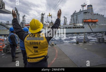 Forces militaires AMÉRICAINES. 171220KA046-0392 MER MÉDITERRANÉE (20 décembre 2017) Р Boatswain's Mate de 2e classe Christopher Hampton agit en tant que capitaine de plate-forme à bord du destroyer de missiles guidés de classe Arleigh Burke USS Carney (DDG 64), lors d'un réapprovisionnement en mer avec l'USNS Leroy Grumman (T-AO 195), en mer Méditerranée, le 20 décembre 2017. Carney, déployé à l'avant à Rota, en Espagne, est à sa quatrième patrouille dans la zone d'opérations de la 6e flotte américaine en soutien aux alliés et partenaires régionaux et aux intérêts de sécurité nationale des États-Unis en Europe. (Photo de l'US Navy par James R. Turne, spécialiste des communications de masse de 2e classe Banque D'Images