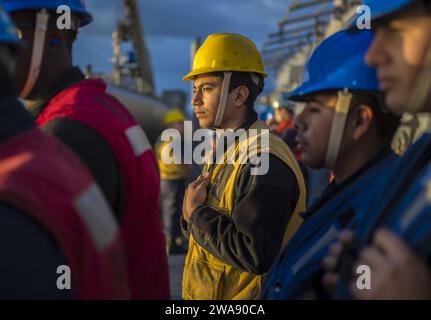 Forces militaires AMÉRICAINES. 180122KA046-0222 MER MÉDITERRANÉE (22 janvier 2018) – Boatswain's Mate 3rd Class Daniel RiosCastillo observe le destroyer de missiles guidés de classe Arleigh Burke USS Carney (DDG 64) aux côtés du ravitailleur USNS Patuxent (T-AO 201), avant de procéder à un réapprovisionnement en mer en Méditerranée, le 22 janvier 2018. Carney, déployé à l'avant à Rota, en Espagne, est à sa quatrième patrouille dans la zone d'opérations de la 6e flotte américaine en soutien aux alliés et partenaires régionaux et aux intérêts de sécurité nationale des États-Unis en Europe. (Photo de l'US Navy par Mass communication Specialist 2 Banque D'Images