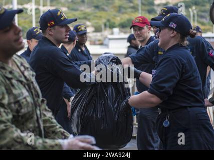 Forces militaires AMÉRICAINES. 180316KA046-0062 ACTIVITÉ DE SOUTIEN NAVAL SOUDA BAY, Grèce (16 mars 2018) – les marins forment un groupe de travail à bord du destroyer de missiles guidés de classe Arleigh Burke USS Carney (DDG 64), à l'activité de soutien naval Souda Bay, Grèce, le 16 mars 2018. Carney, déployé à l’avant à Rota, en Espagne, est à sa quatrième patrouille dans la zone d’opérations de la 6e flotte américaine en soutien aux alliés et partenaires régionaux et aux intérêts de sécurité nationale des États-Unis en Europe et en Afrique. (Photo de l'US Navy par James R. Turner, spécialiste des communications de masse de 2e classe/publié) Banque D'Images