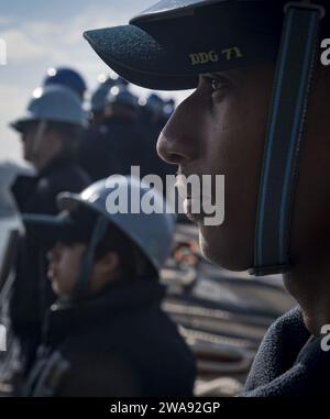 Forces militaires AMÉRICAINES. 180325RG482-154 PLYMOUTH, Angleterre (25 mars 2018) le recruteur Kamoy Williamson, à droite, et d'autres marins affectés au destroyer de missiles guidés de classe Arleigh Burke USS Ross (DDG 71) se tiennent au repos après avoir quitté la base navale de Devonport à Plymouth, en Angleterre, le 25 mars 2018. Ross, déployé à l’avant à Rota, en Espagne, en est à sa sixième patrouille dans la zone d’opérations de la 6e flotte américaine en soutien aux alliés et aux partenaires régionaux et aux intérêts des États-Unis en matière de sécurité nationale en Europe. (Photo de l'US Navy par Kyle Steckler, spécialiste des communications de masse de 1e classe/libéré) Banque D'Images