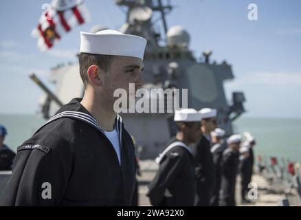 Forces militaires AMÉRICAINES. 180331KA046-0404 STATION NAVALE DE ROTA, Espagne (31 mars 2018) – technicien cryptologique Brandon Utter manipule les rails pendant que le destroyer de missiles guidés de classe Arleigh Burke USS Carney (DDG 64) retourne à la Station navale de Rota, Espagne après avoir terminé la patrouille, le 31 mars 2018. Carney, déployé à l'avant à Rota, a terminé sa quatrième patrouille dans la zone d'opérations de la 6e flotte américaine en soutien aux alliés et partenaires régionaux, et aux intérêts de sécurité nationale des États-Unis en Europe et en Afrique. (Photo de l'US Navy par James R. Turner, spécialiste des communications de masse de 2e classe/publié) Banque D'Images