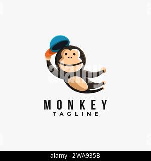 Logo de dessin animé mascotte de singe / chimpanzé sautant / chimpanzé avec chapeau sur fond blanc Illustration de Vecteur