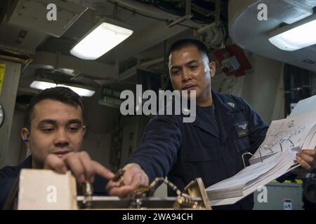 Forces militaires AMÉRICAINES. 180424MK318-172 ATLANTIC OCEAN (24 avril 2018) le Mate d'électricien en chef de l'aviation Alfredo Trinidad, à droite, et le Mate d'électricien de l'aviation Juan Prieto-Rodriguez dépannent un panneau de commande de générateur à bord de l'USS Harry S. Truman (CVN 75). Truman est actuellement déployé dans le cadre d’une rotation continue des forces américaines soutenant les opérations de sécurité maritime dans les eaux internationales du monde entier. (Photo de l'US Navy par le spécialiste des communications de masse de 3e classe Victoria Granado/publié) Banque D'Images