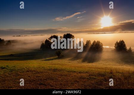 Lever de soleil sur la rivière Biebrza dans le parc national de Biebrza. Burzyn, Podlasie, Pologne, Europe Banque D'Images