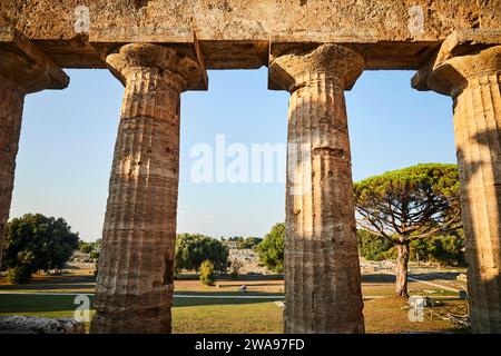Vue à travers d'anciennes colonnes d'un paysage historique en plein jour, ambiance du soir d'été à Paestum, ancienne ville, à 35 km au sud de Salerno.Founded par le Banque D'Images