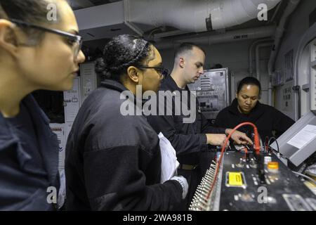 Forces militaires AMÉRICAINES. 180521ZU710-0075 MEDITERRANEAN SEA (21 mai 2018) Jerrod Jenkins, technicien en chef en électronique de l'aviation, donne des instructions aux marins sur les tests d'intégrité électrique dans l'atelier d'avionique à bord du porte-avions USS Harry S. Truman (CVN 75) de la classe Nimitz. En tant que navire battant pavillon du Carrier Strike Group 8, le soutien de Truman à l'opération Inherent Resolve démontre la capacité et la flexibilité des forces navales américaines, et sa détermination à éliminer le groupe terroriste ISIS et la menace qu'il représente. (Photo de l'US Navy par Michael Chen, spécialiste des communications de masse de 3e classe/publié) Banque D'Images