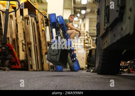 Forces militaires AMÉRICAINES. 180602DL117-0070 MEDITERRANEAN SEA (2 juin 2018) les Marines affectés à la 26th Marine Expeditionary Unit travaillent ensemble pour déplacer des munitions fictives lors d'une classe de familiarisation avec la destruction des munitions explosives (EOD) à bord du quai de transport amphibie de la classe San Antonio USS New York (LPD 21) le 2 juin 2018. La classe est conçue pour éduquer les Marines sur les exigences et les exigences de devenir un technicien EOD. La 6e flotte américaine, dont le siège est à Naples, en Italie, mène le spectre complet des opérations navales et interarmées, souvent de concert avec des partenaires alliés et interagences, afin de faire de la publicité Banque D'Images