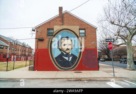 La fresque sur le mur extérieur du site historique national Edgar Allan PoE à Philadelphie, Pennsylvanie, États-Unis Banque D'Images