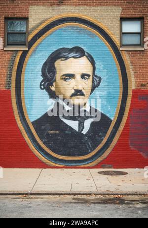 La fresque sur le mur extérieur du site historique national Edgar Allan PoE à Philadelphie, Pennsylvanie, États-Unis Banque D'Images