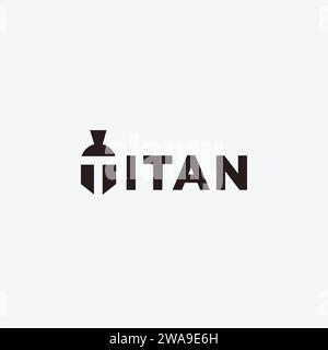 Icône Titan wordmark logo sur fond blanc avec tête spartiate d'espace négatif sur la lettre T. Illustration de Vecteur